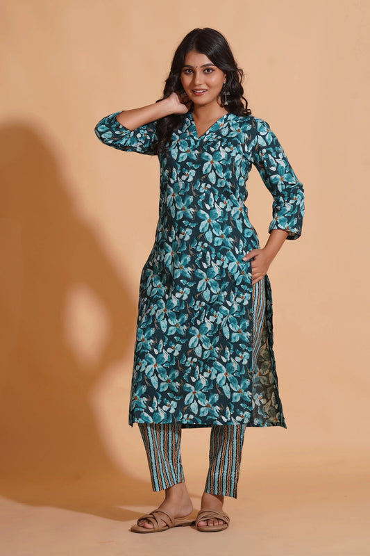 Teal Blossom Print Kurta Set - Himdim Wear