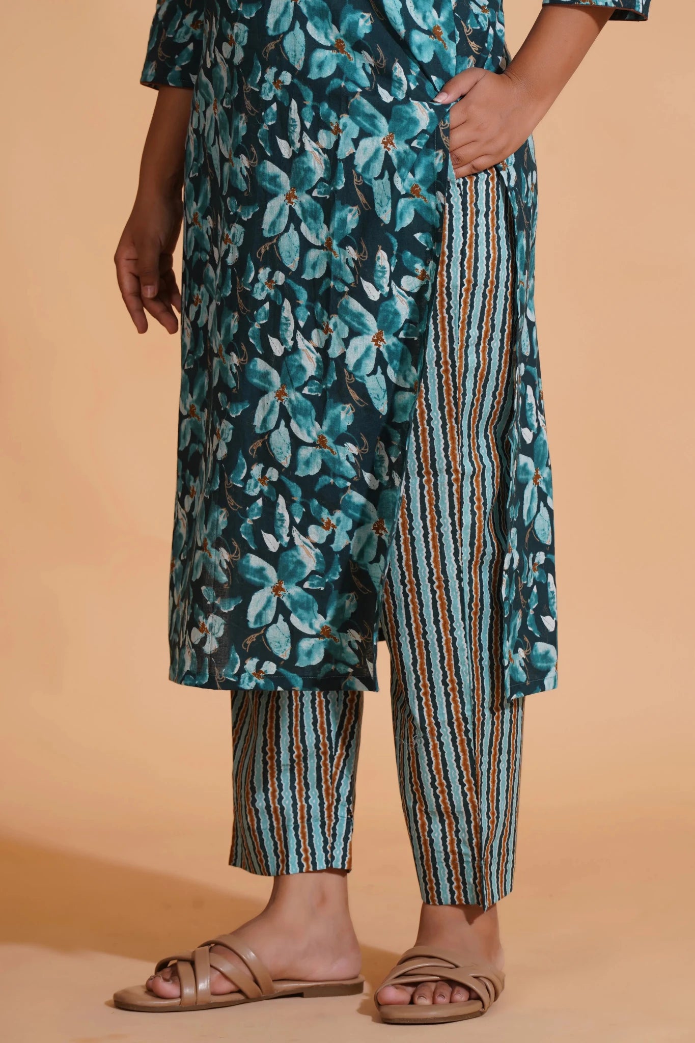 Teal Blossom Print Kurta Set - Himdim Wear
