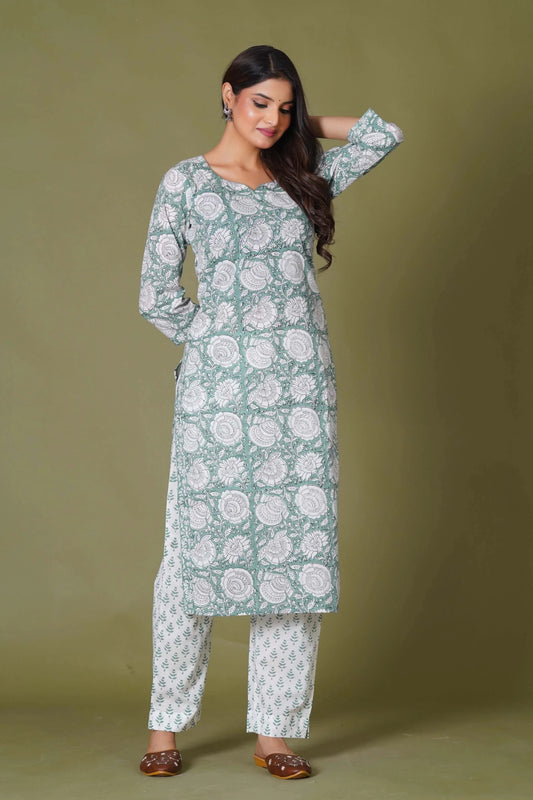Verdant Classic Handblock Floral Cotton Suit Set - Himdim Wear