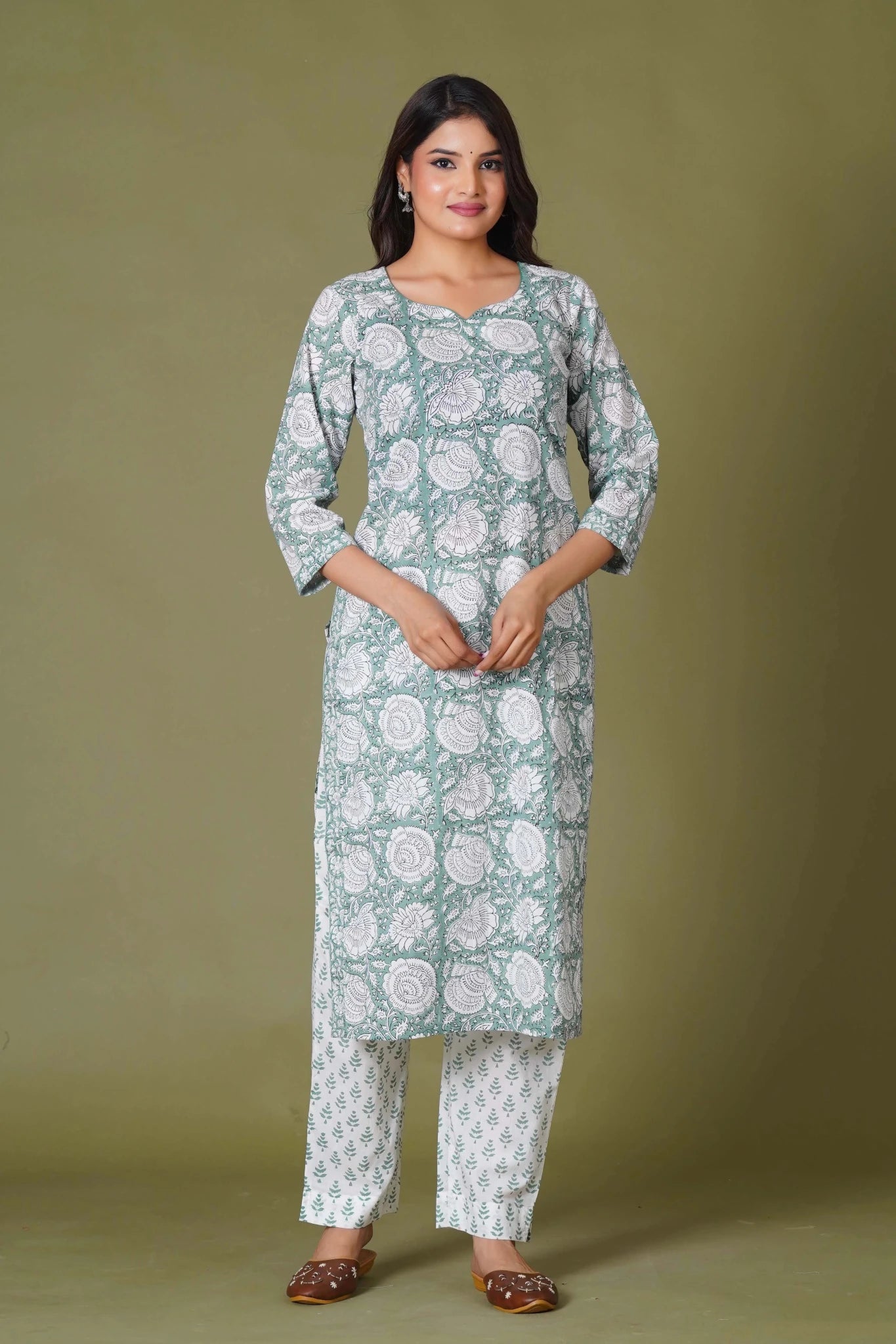Verdant Classic Handblock Floral Cotton Suit Set - Himdim Wear