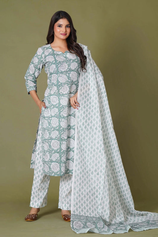 Verdant Classic Handblock Floral Cotton Suit Set - Himdim Wear