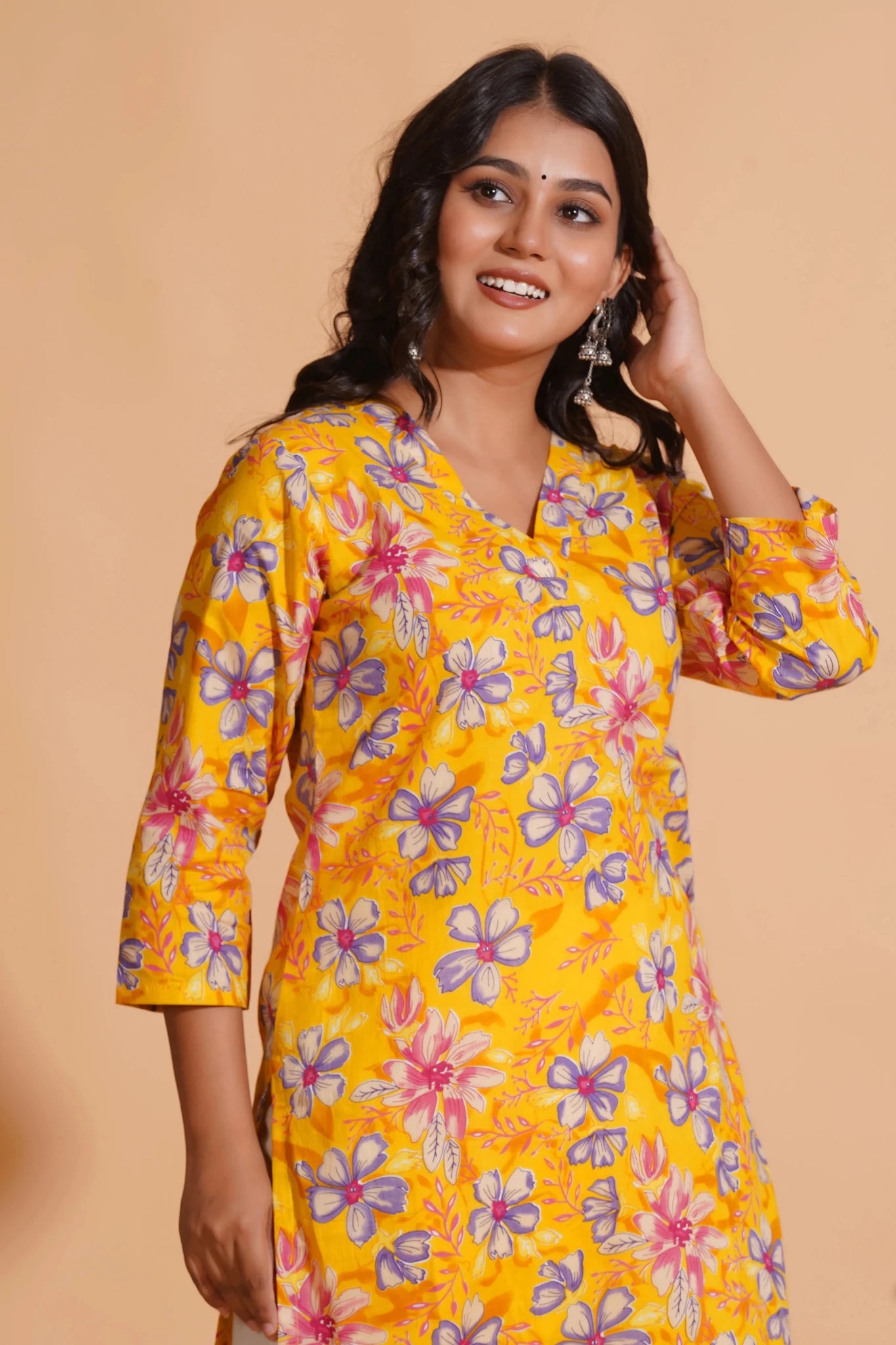 Vibrant Yellow Floral Cotton Kurta Set with Palazzo - Himdim Wear