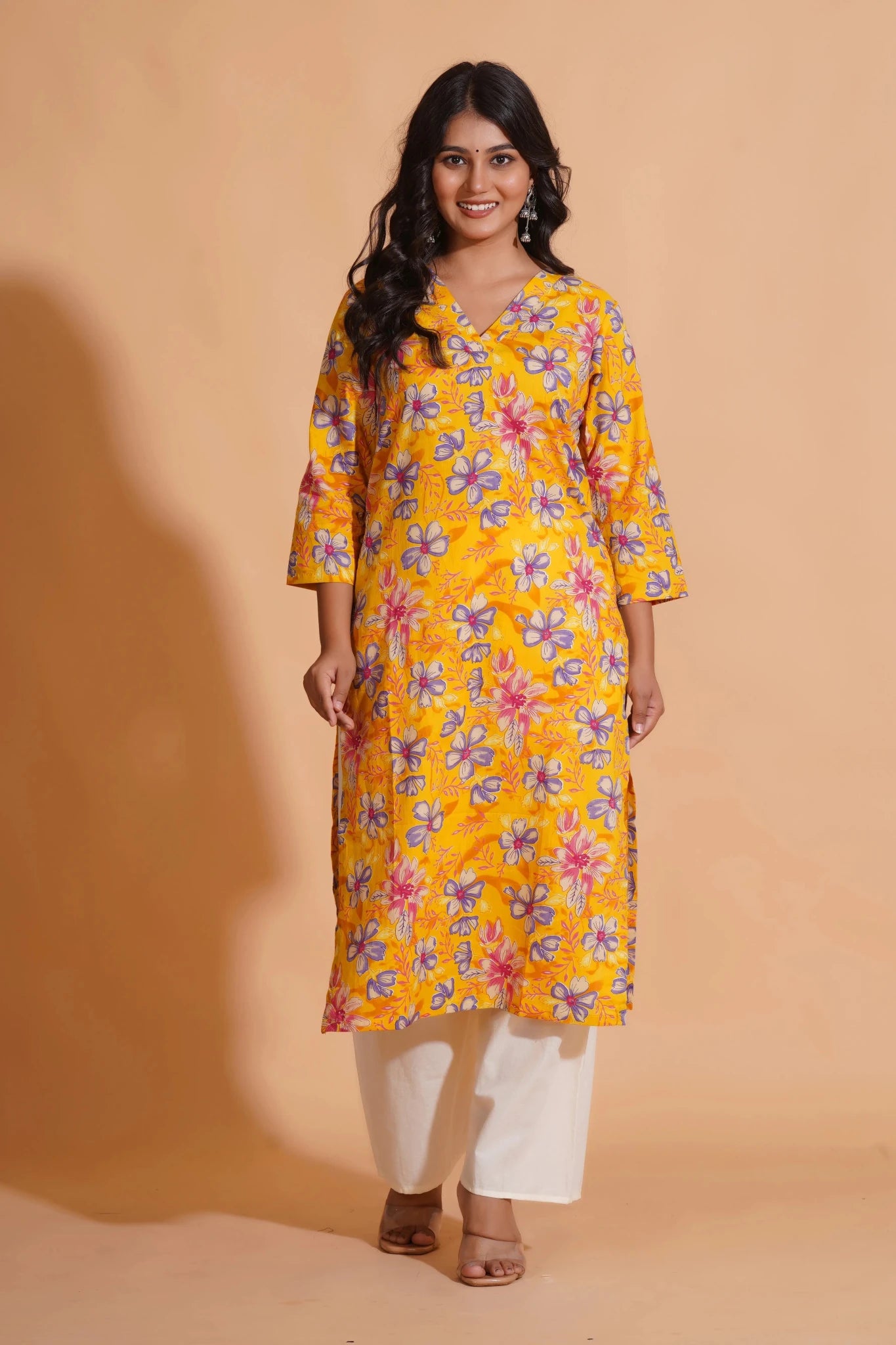 Vibrant Yellow Floral Cotton Kurta Set with Palazzo - Himdim Wear