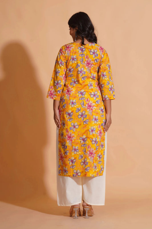 Vibrant Yellow Floral Cotton Kurta Set with Palazzo - Himdim Wear
