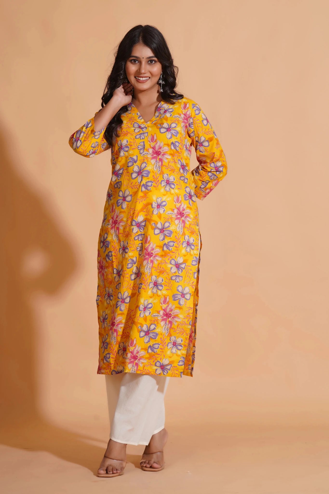 Vibrant Yellow Floral Cotton Kurta Set with Palazzo - Himdim Wear