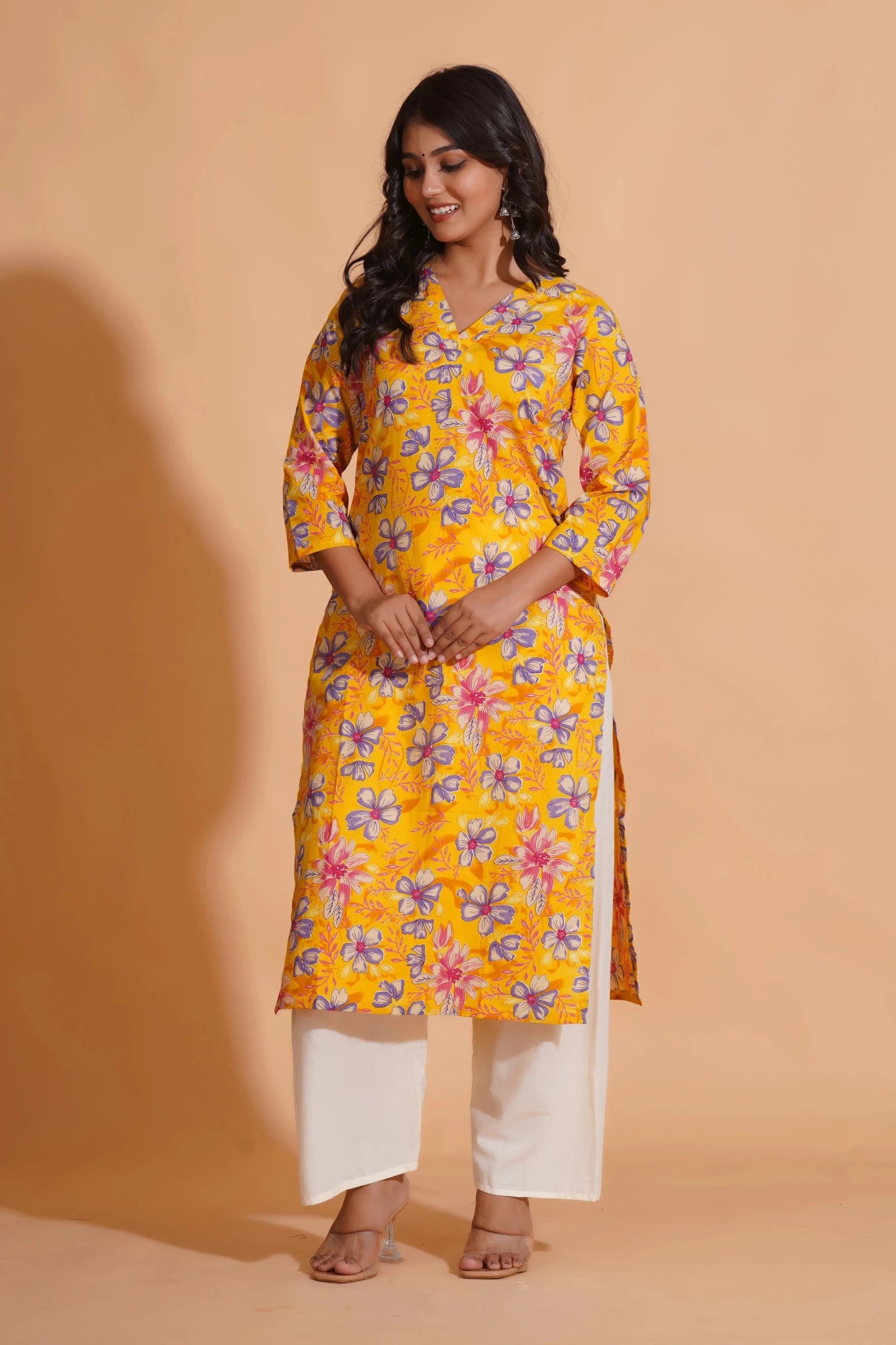 Vibrant Yellow Floral Cotton Kurta Set with Palazzo - Himdim Wear