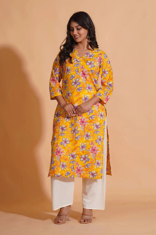 Vibrant Yellow Floral Cotton Kurta Set with Palazzo - Himdim Wear