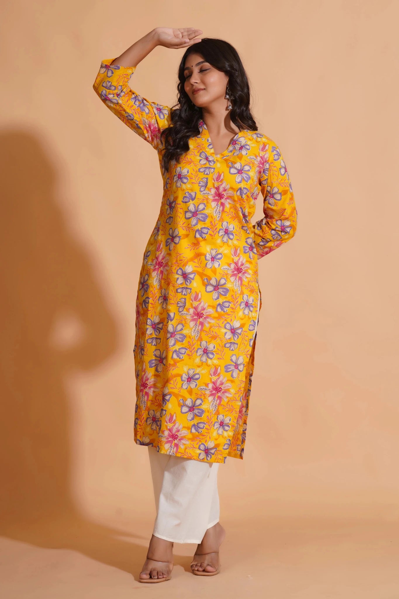 Vibrant Yellow Floral Cotton Kurta Set with Palazzo - Himdim Wear