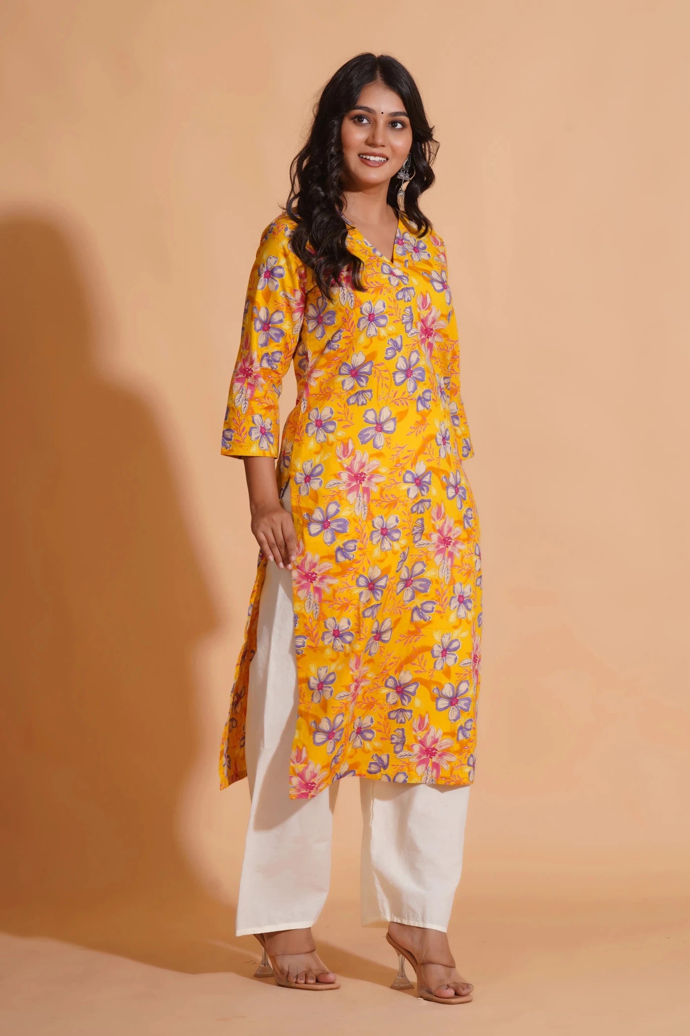 Vibrant Yellow Floral Cotton Kurta Set with Palazzo - Himdim Wear