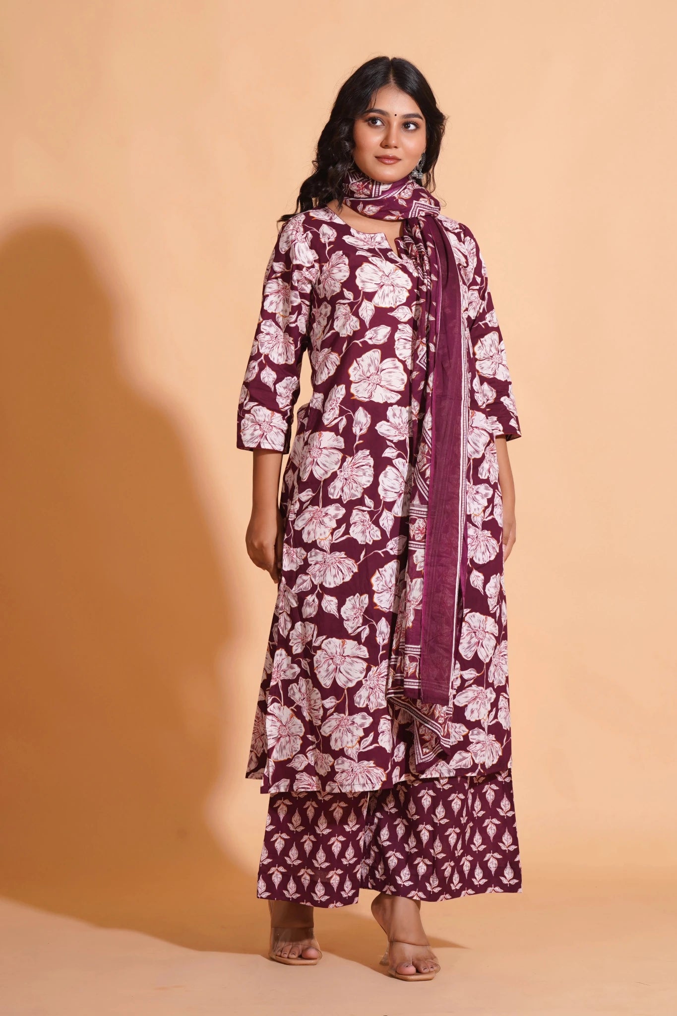 Women's Majestic Maroon A-Line Floral Suit Set - Himdim Wear