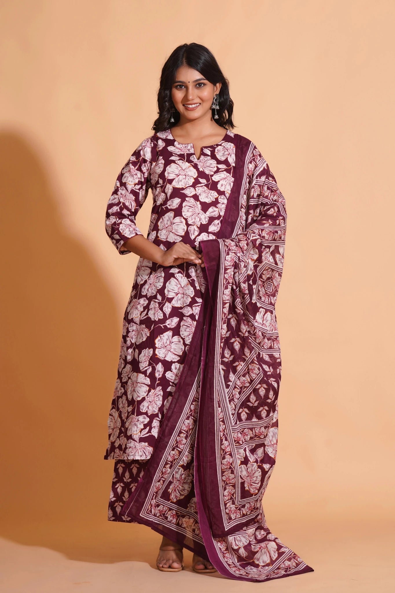 Women's Majestic Maroon A-Line Floral Suit Set - Himdim Wear