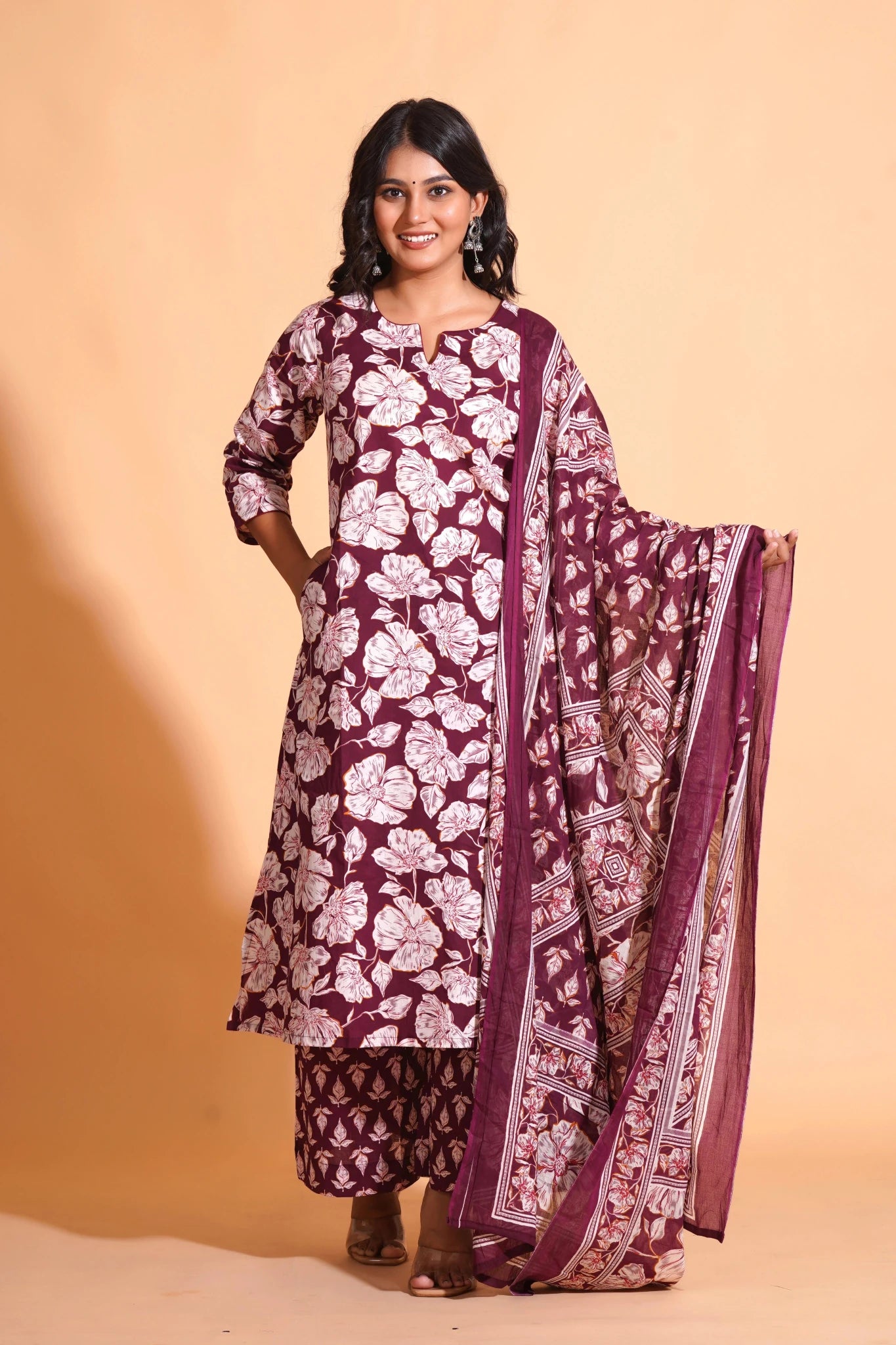 Women's Majestic Maroon A-Line Floral Suit Set - Himdim Wear