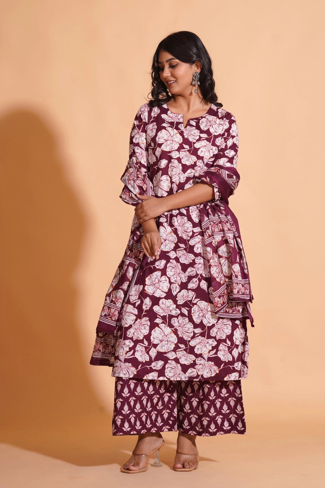 Women's Majestic Maroon A-Line Floral Suit Set - Himdim Wear