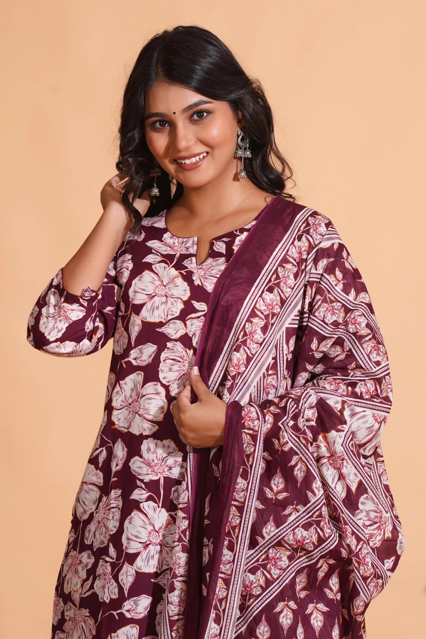 Women's Majestic Maroon A-Line Floral Suit Set - Himdim Wear