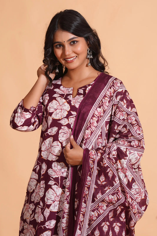 Women's Majestic Maroon A-Line Floral Suit Set - Himdim Wear