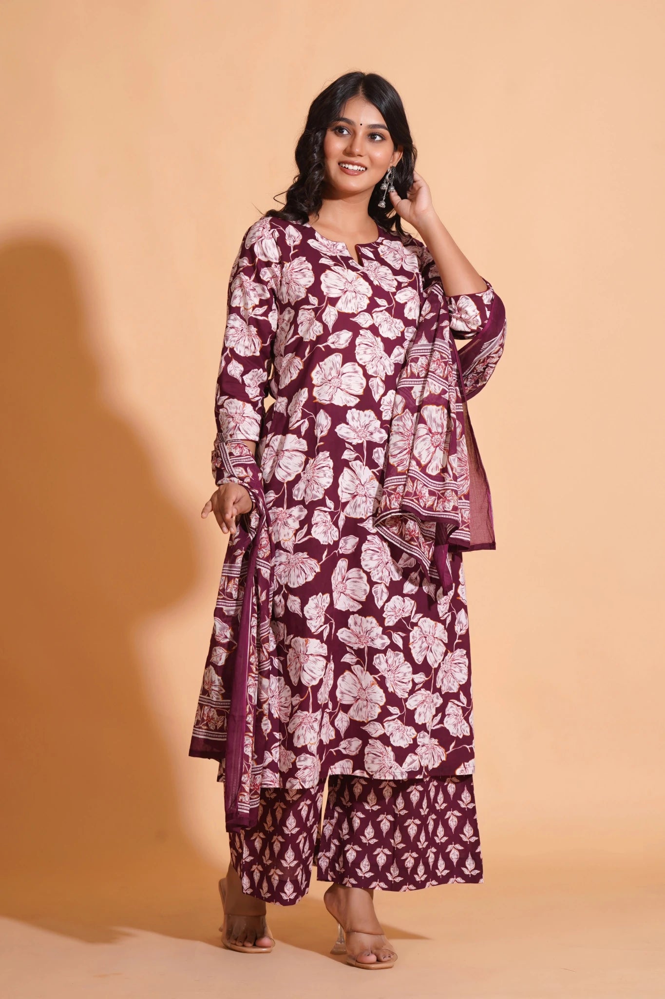 Women's Majestic Maroon A-Line Floral Suit Set - Himdim Wear