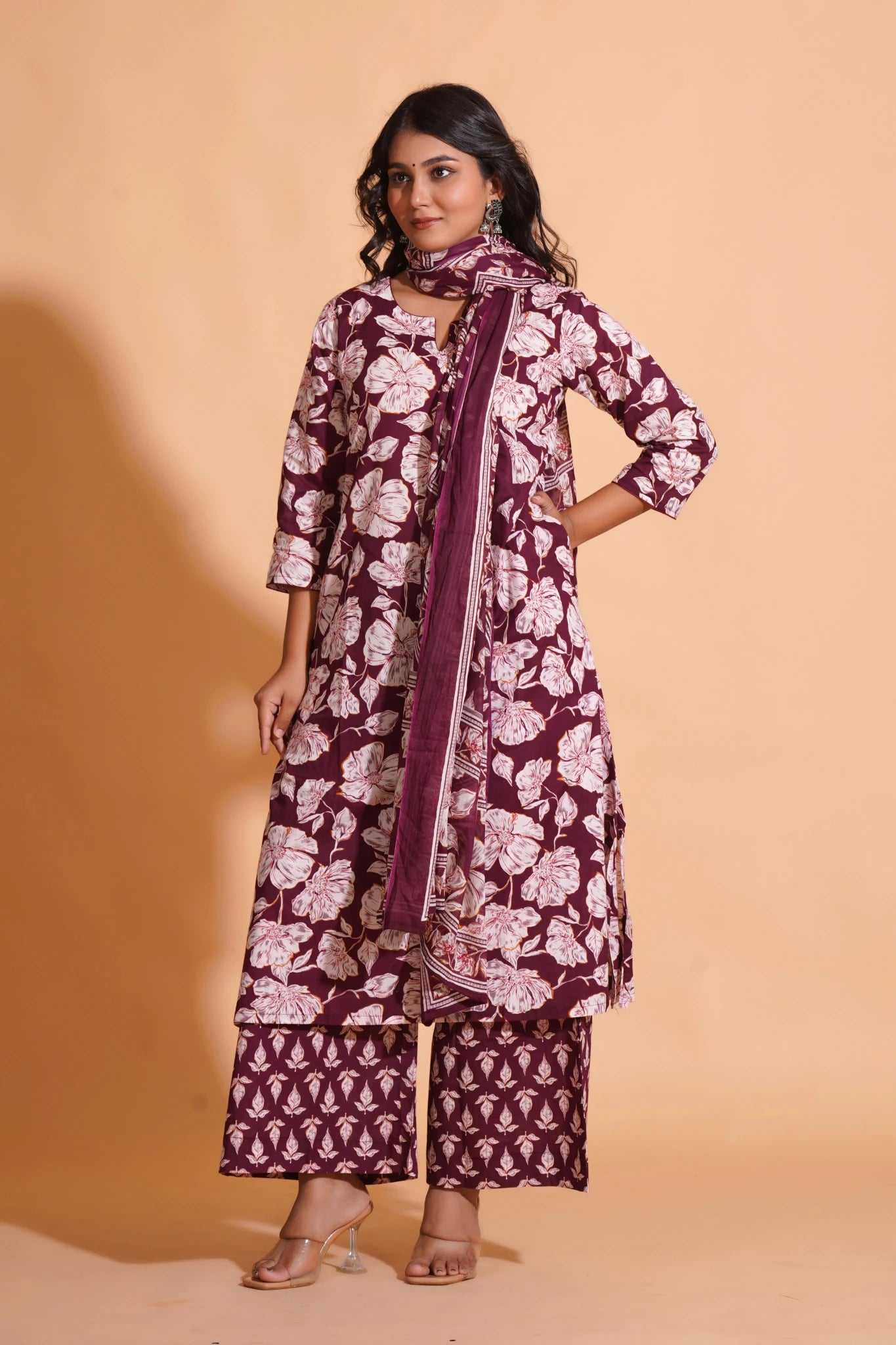 Women's Majestic Maroon A-Line Floral Suit Set - Himdim Wear