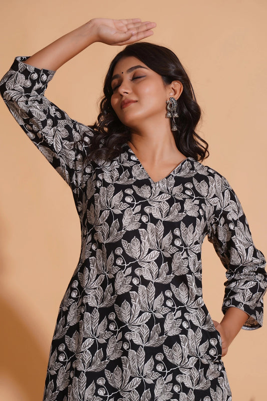 Women's Monochrome Leaf Print A-Line Kurta Set - Himdim Wear