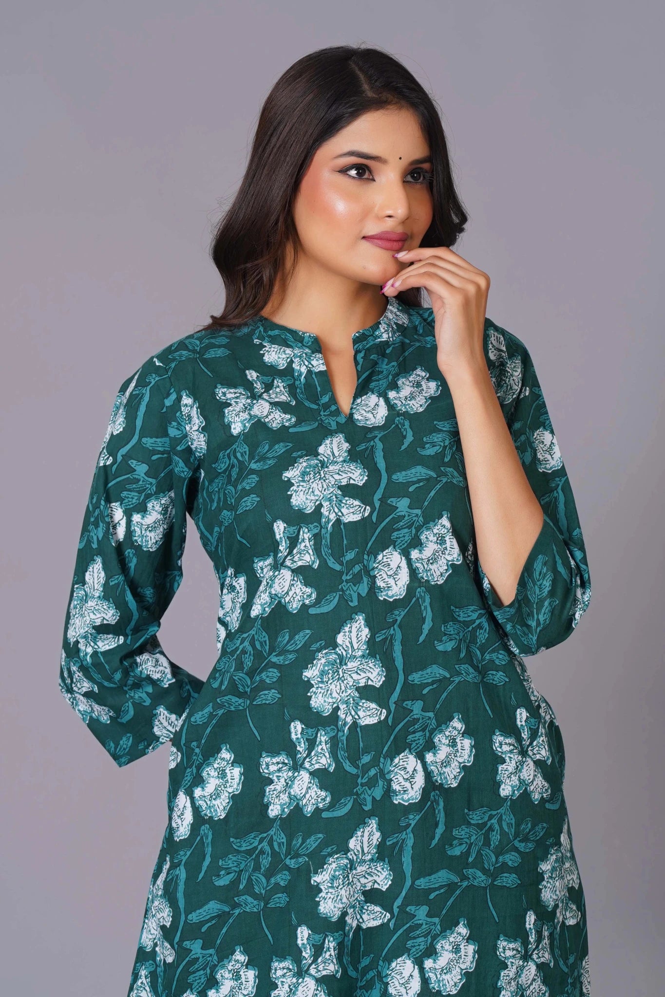 Women's Teal Bloom A-Line Cotton Flared Kurta Set - Himdim Wear