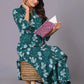 Women's Teal Bloom A-Line Cotton Flared Kurta Set - Himdim Wear