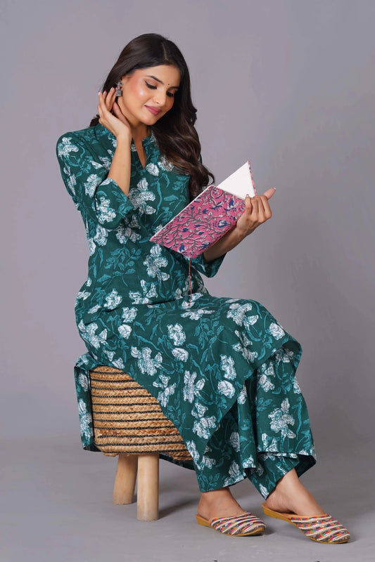 Women's Teal Bloom A-Line Cotton Flared Kurta Set - Himdim Wear