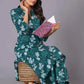 Women's Teal Bloom A-Line Cotton Flared Kurta Set - Himdim Wear