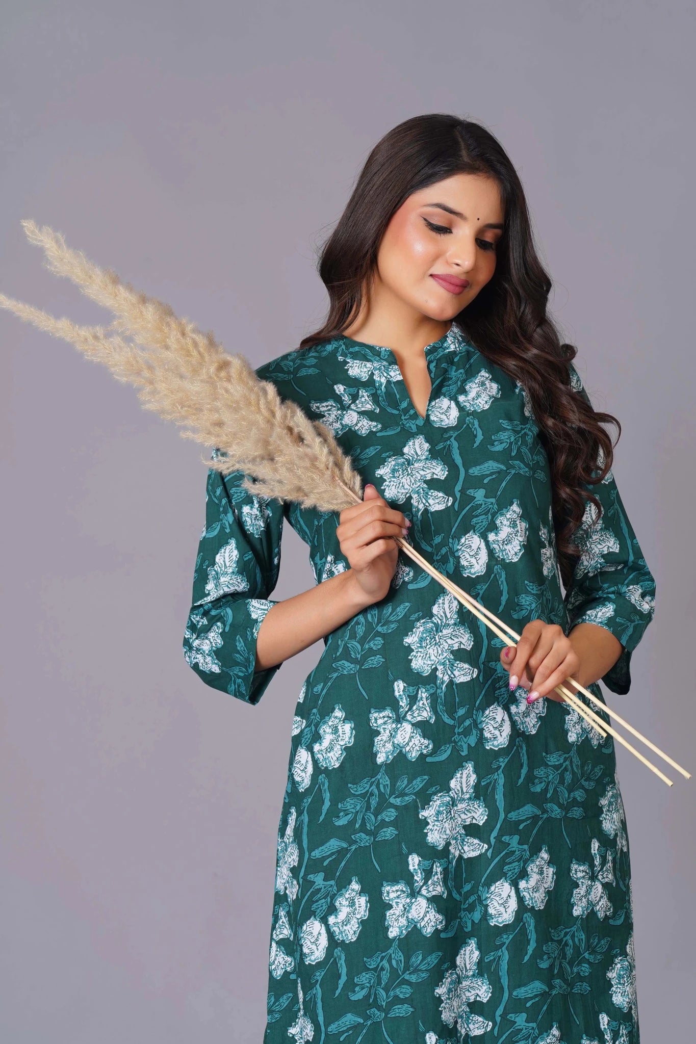 Women's Teal Bloom A-Line Cotton Flared Kurta Set - Himdim Wear