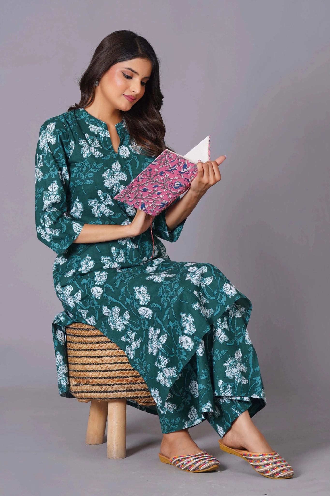 Women's Teal Bloom A-Line Cotton Flared Kurta Set - Himdim Wear