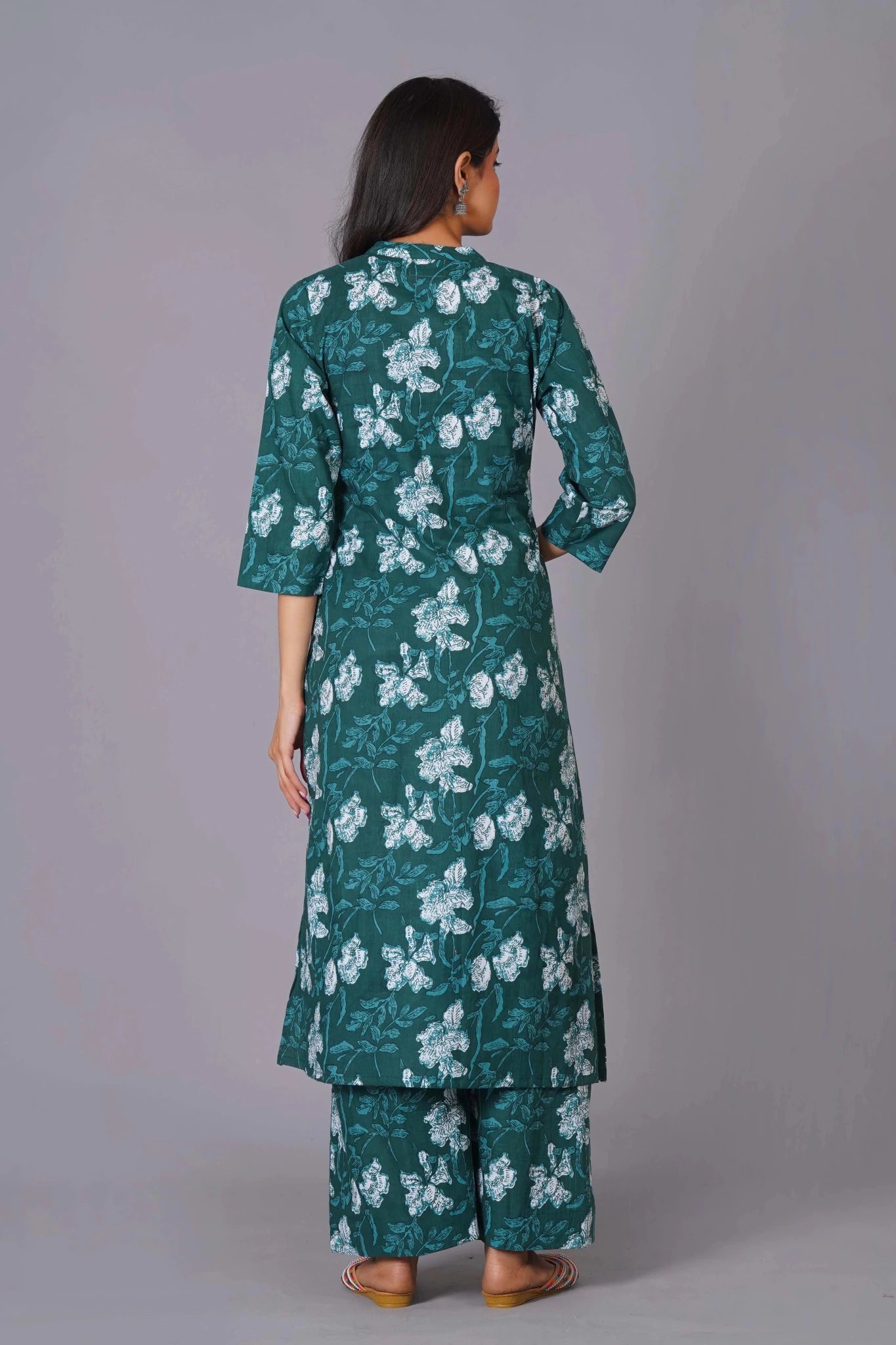 Women's Teal Bloom A-Line Cotton Flared Kurta Set - Himdim Wear