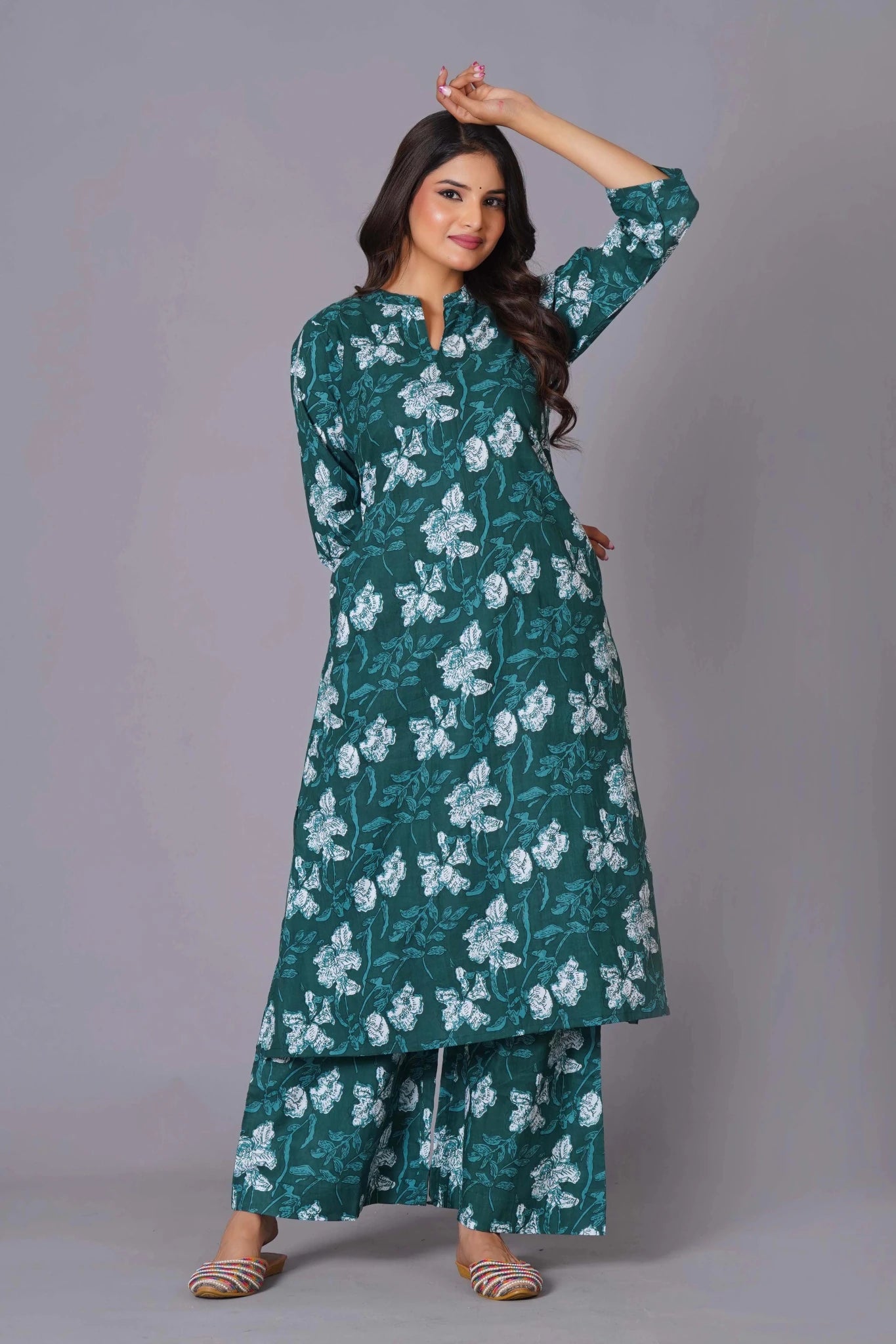 Women's Teal Bloom A-Line Cotton Flared Kurta Set - Himdim Wear