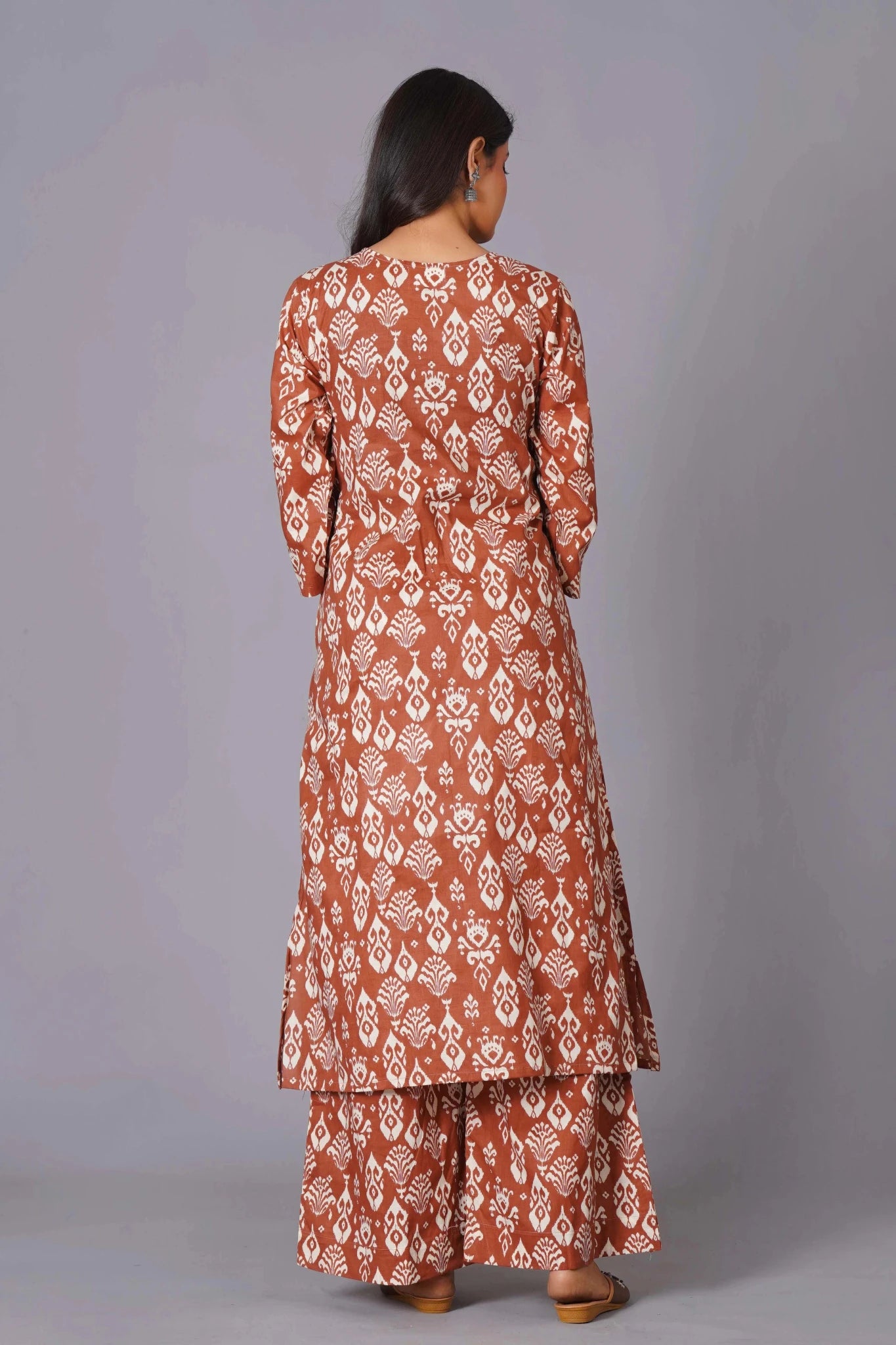 Women's Terracotta Ikat Handblock A-Line Cotton Suit Set - Himdim Wear