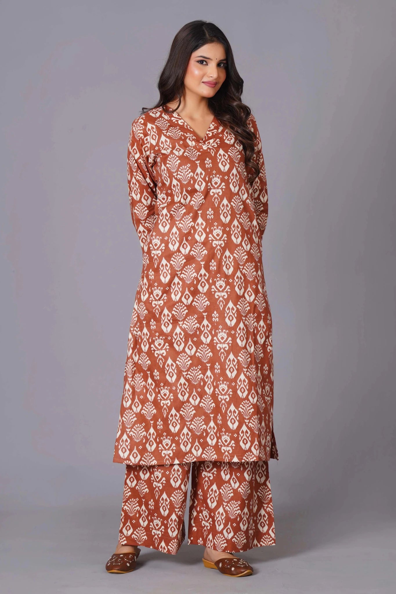 Women's Terracotta Ikat Handblock A-Line Cotton Suit Set - Himdim Wear