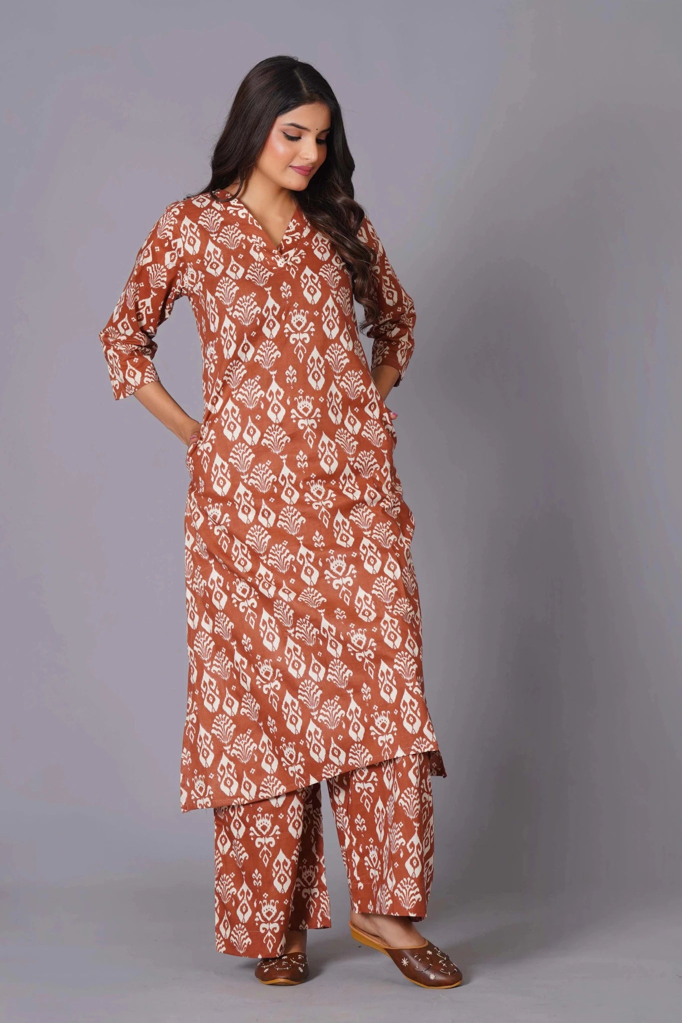 Women's Terracotta Ikat Handblock A-Line Cotton Suit Set - Himdim Wear