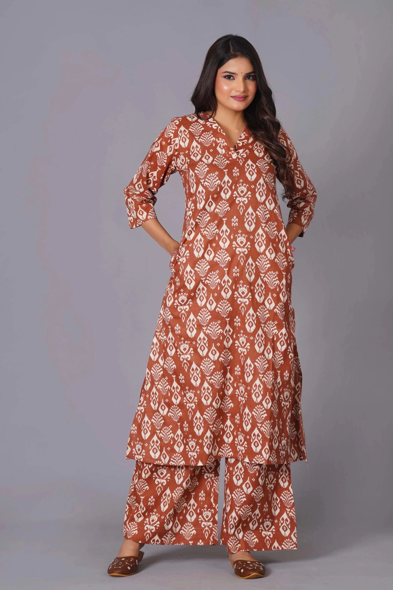 Women's Terracotta Ikat Handblock A-Line Cotton Suit Set - Himdim Wear